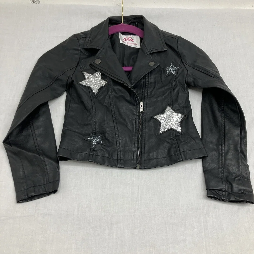 Justice Girls Jacket Size 6/7 pleather motto Black With Silver Stars Zip Up